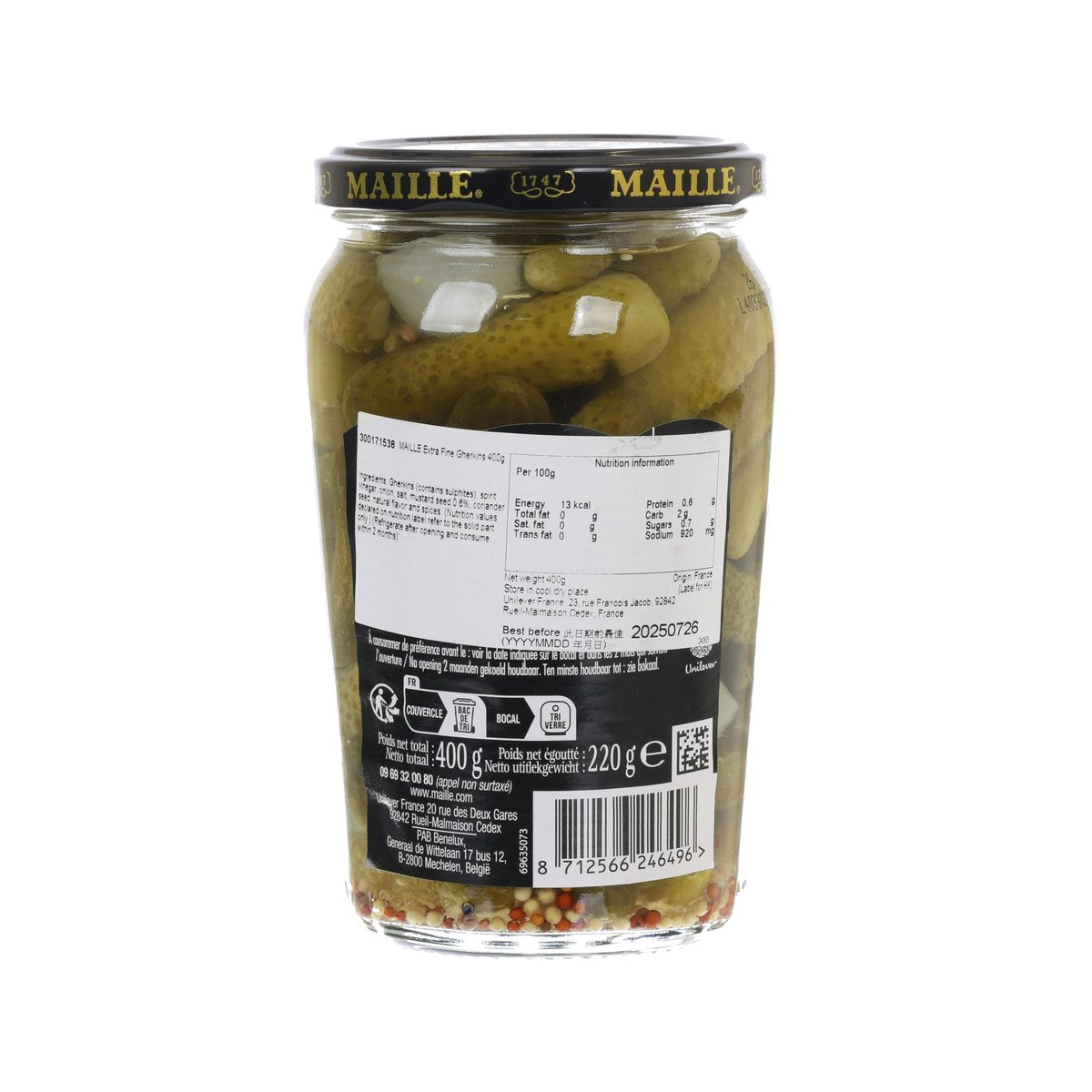 MAILLE extra-fine gherkins jar with nutrition label, 400 g net