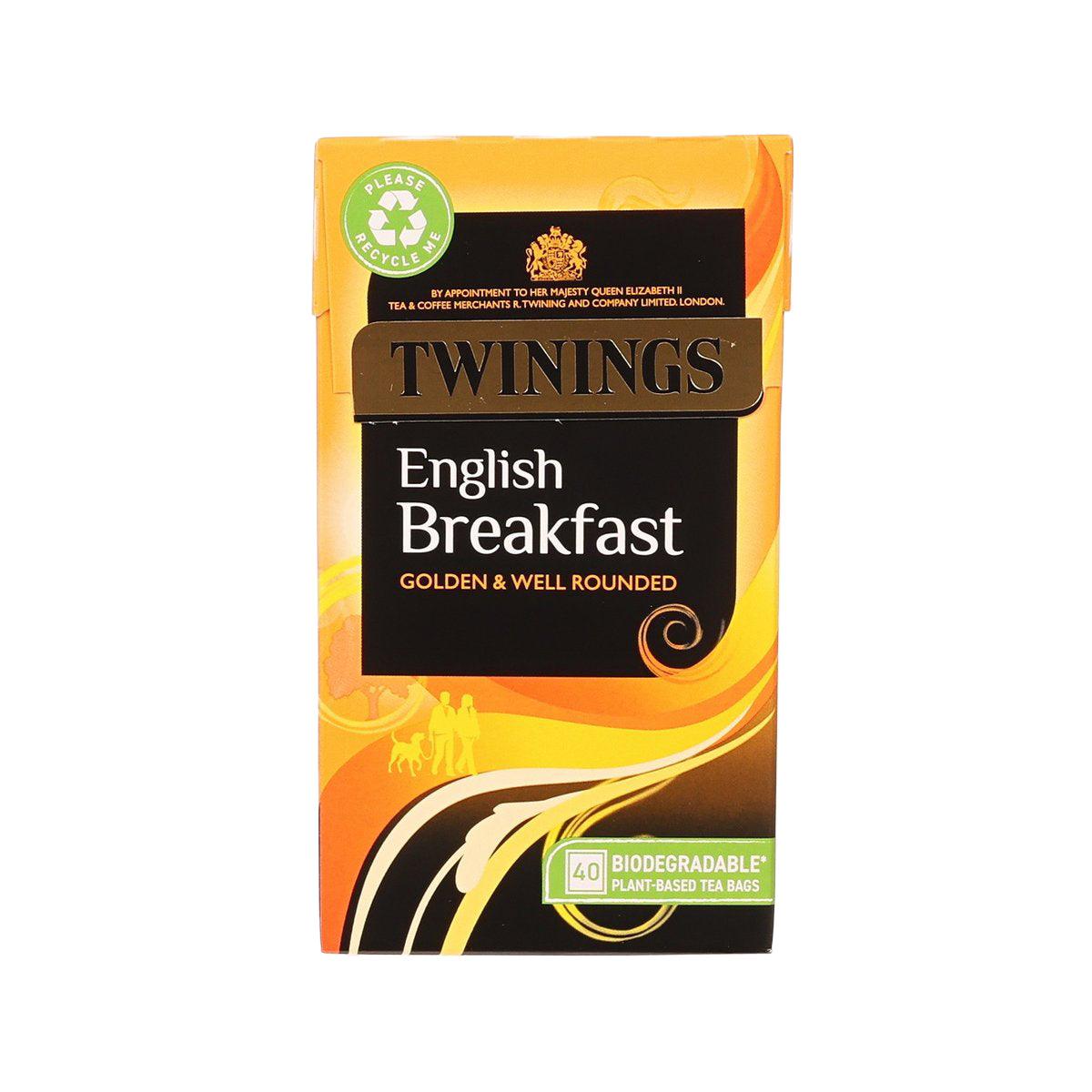 Twinings English Breakfast plant-based tea bags box, orange and black front label