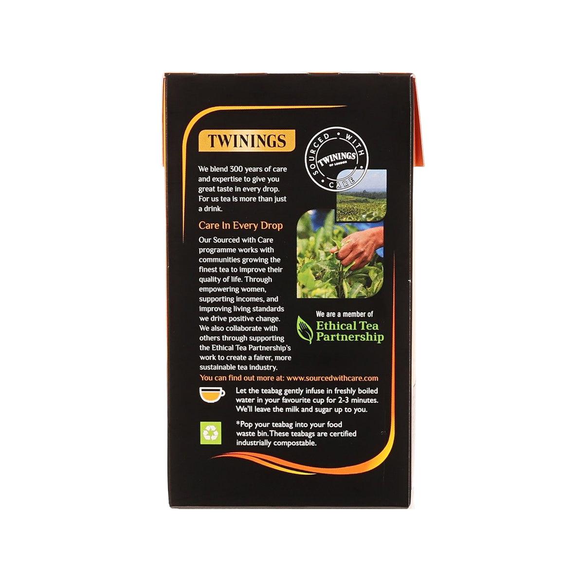 Twinings English Breakfast plant-based tea bags box, back panel with product info text