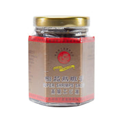 Shrimp sauce jar with gold lid and beige label, red branding band.