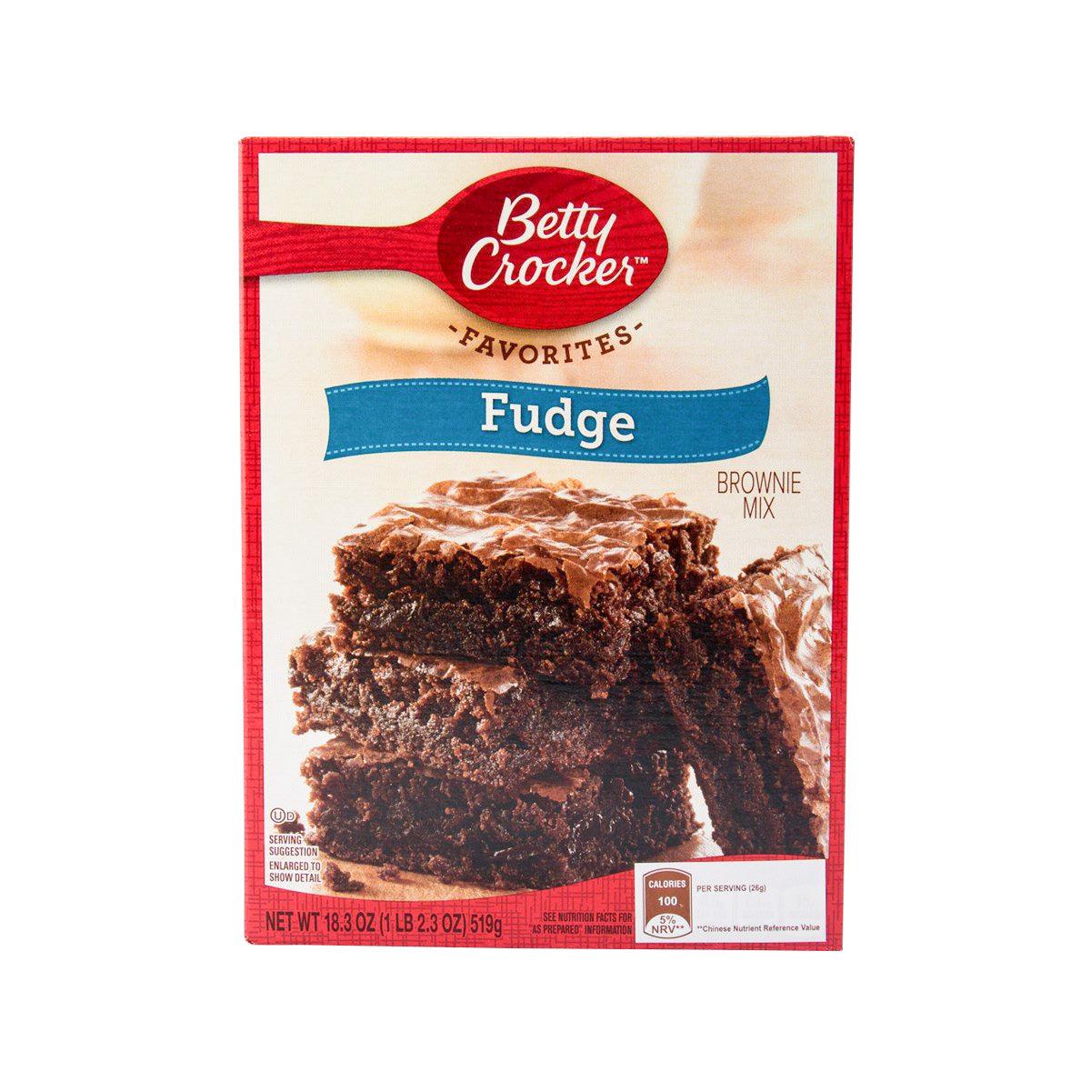 Fudge brownie mix box with Betty Crocker logo and baked brownie photo