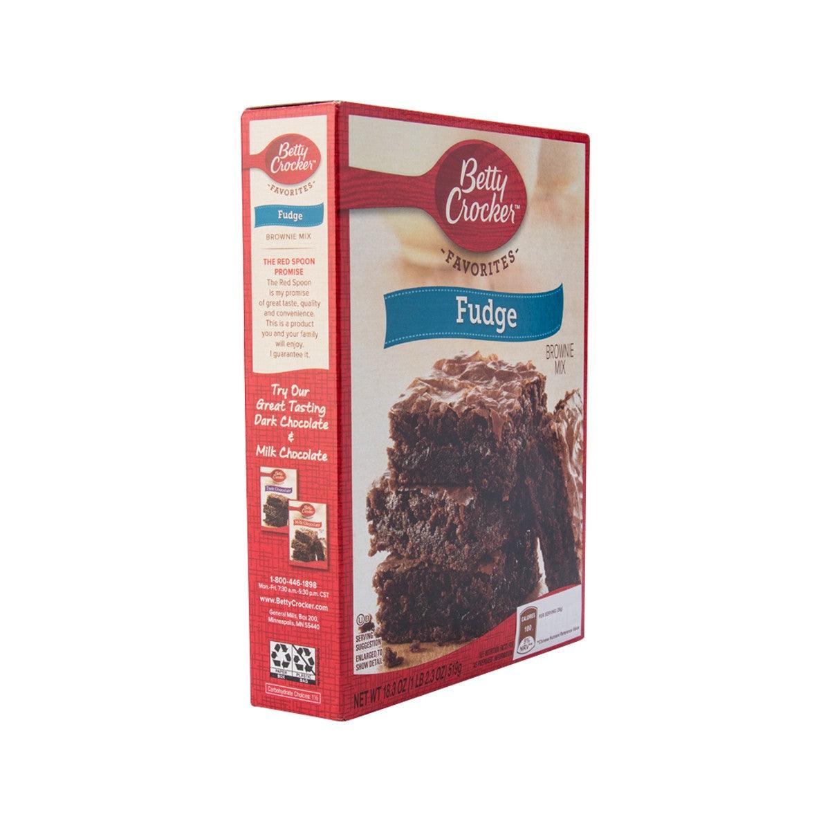 Fudge brownie mix box end view with Betty Crocker logo and brownie image