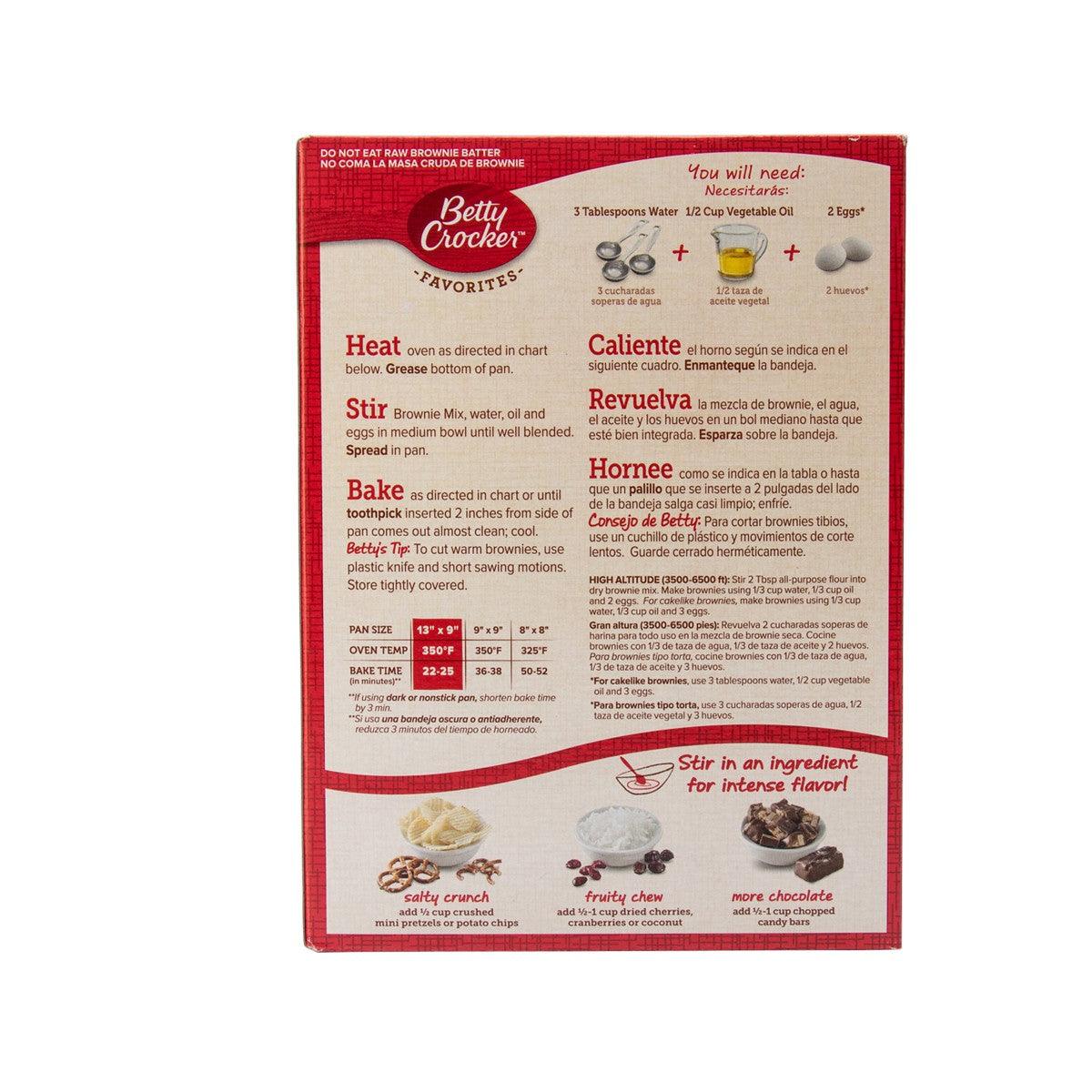 Fudge brownie mix box back panel with baking instructions and ingredient text