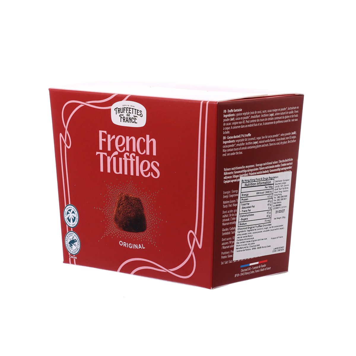 CHOCMOD French truffles chocolate box side panel with bar code and nutrition info