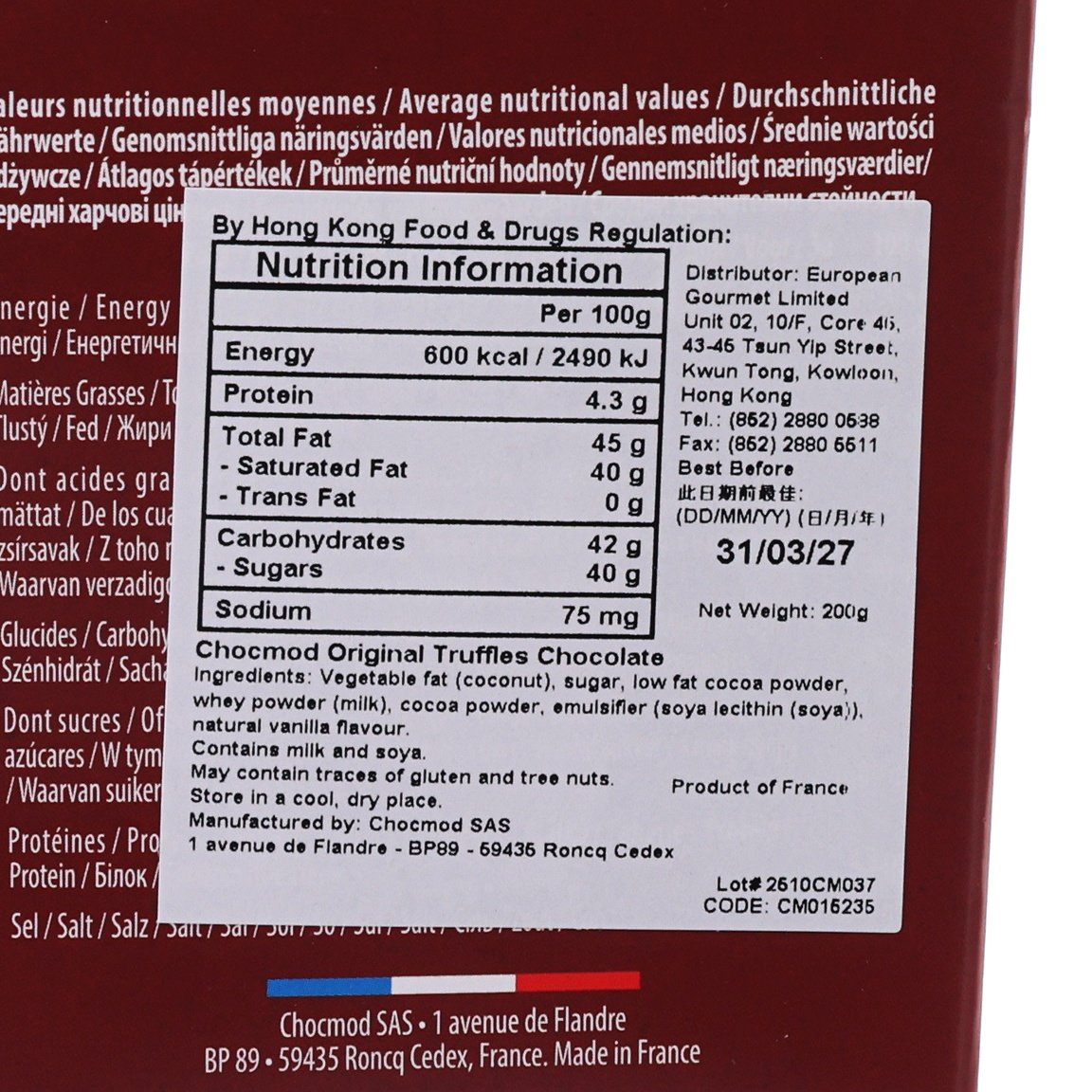 CHOCMOD nutrition information panel on French truffles chocolate box, close-up