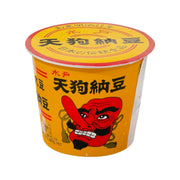 Natto cup with yellow lid and red tengu character graphic, Japanese label text