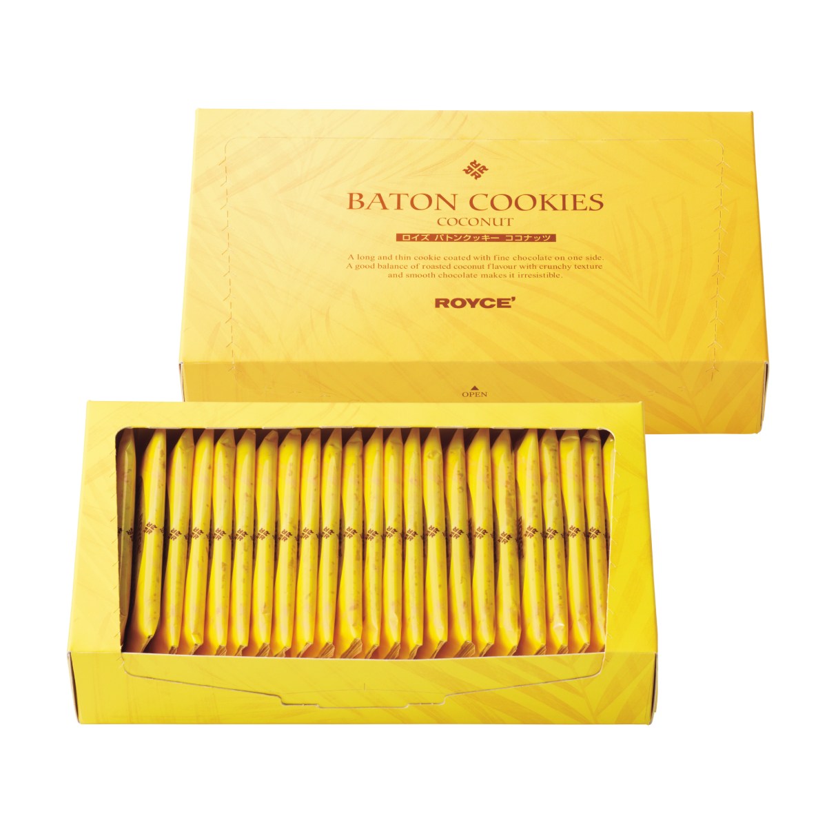 Coconut baton cookies in open box with lined rows of golden biscuits