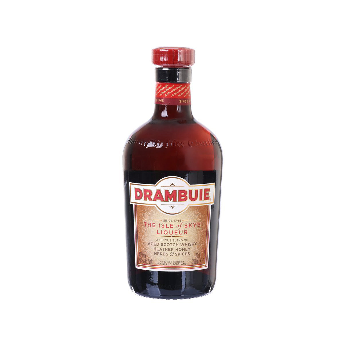DRAMBUIE liqueur bottle with red cap and front label, 700 mL