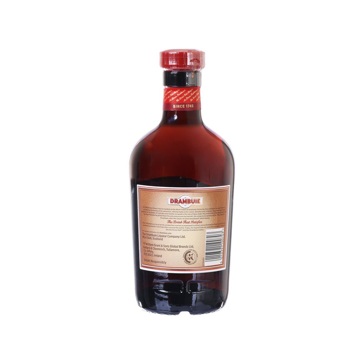 DRAMBUIE liqueur bottle with red cap and back label, barcode, 700 mL