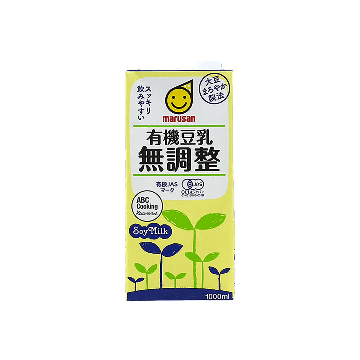 Organic soy milk carton, yellow-green with marusan logo and 1000 mL front panel.