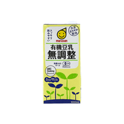 Organic soy milk carton, yellow-green with marusan logo and 1000 mL front panel.