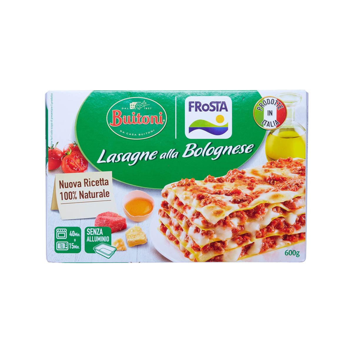 FROSTA frozen lasagne with Bolognese sauce, 600g box front with serving photo.