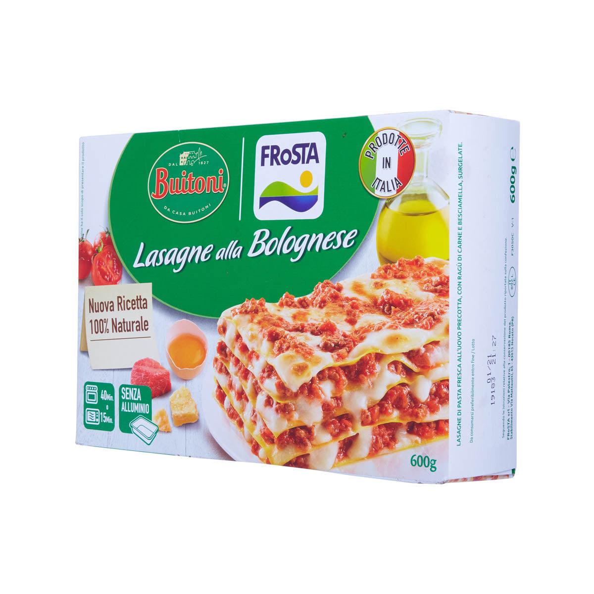 FROSTA frozen lasagne with Bolognese sauce, 600g box side view with food graphics.