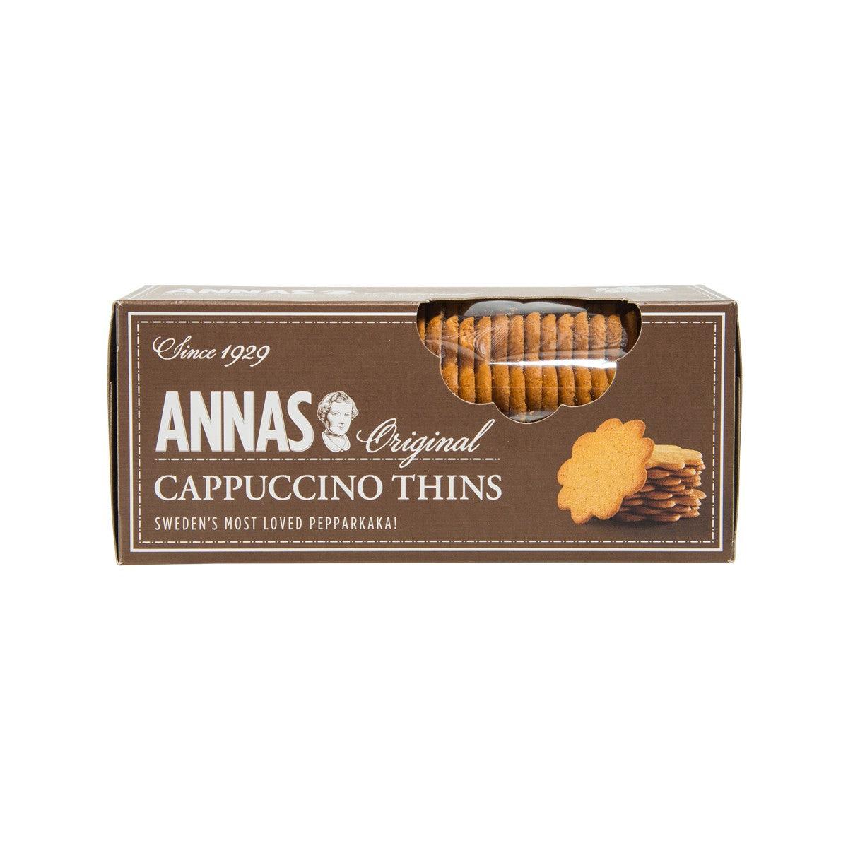 Cappuccino thins biscuit box, brown with ANNAS branding and snack illustrations