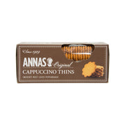 Cappuccino thins biscuit box, brown with ANNAS branding and snack illustrations