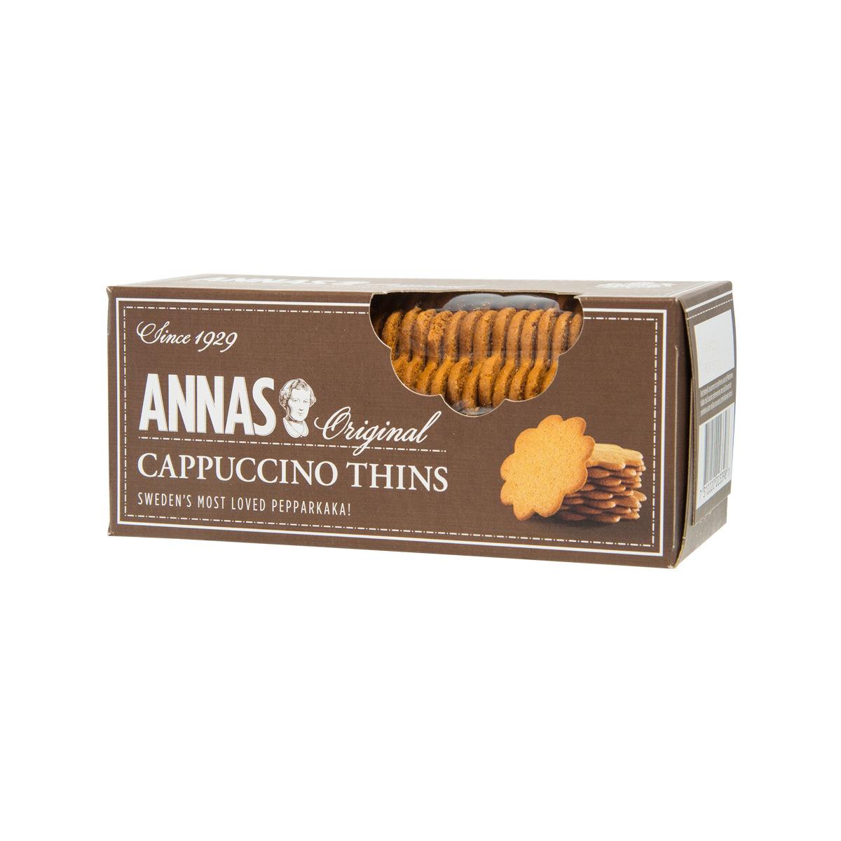 Cappuccino thins biscuit box, side angle showing circular snack window and ANNAS logo