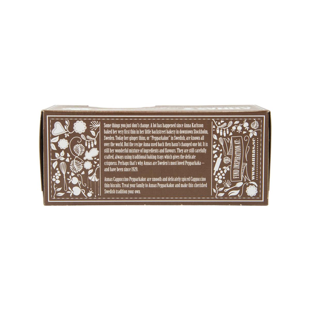 Cappuccino thins biscuit box back panel with ingredient and decorative flower print