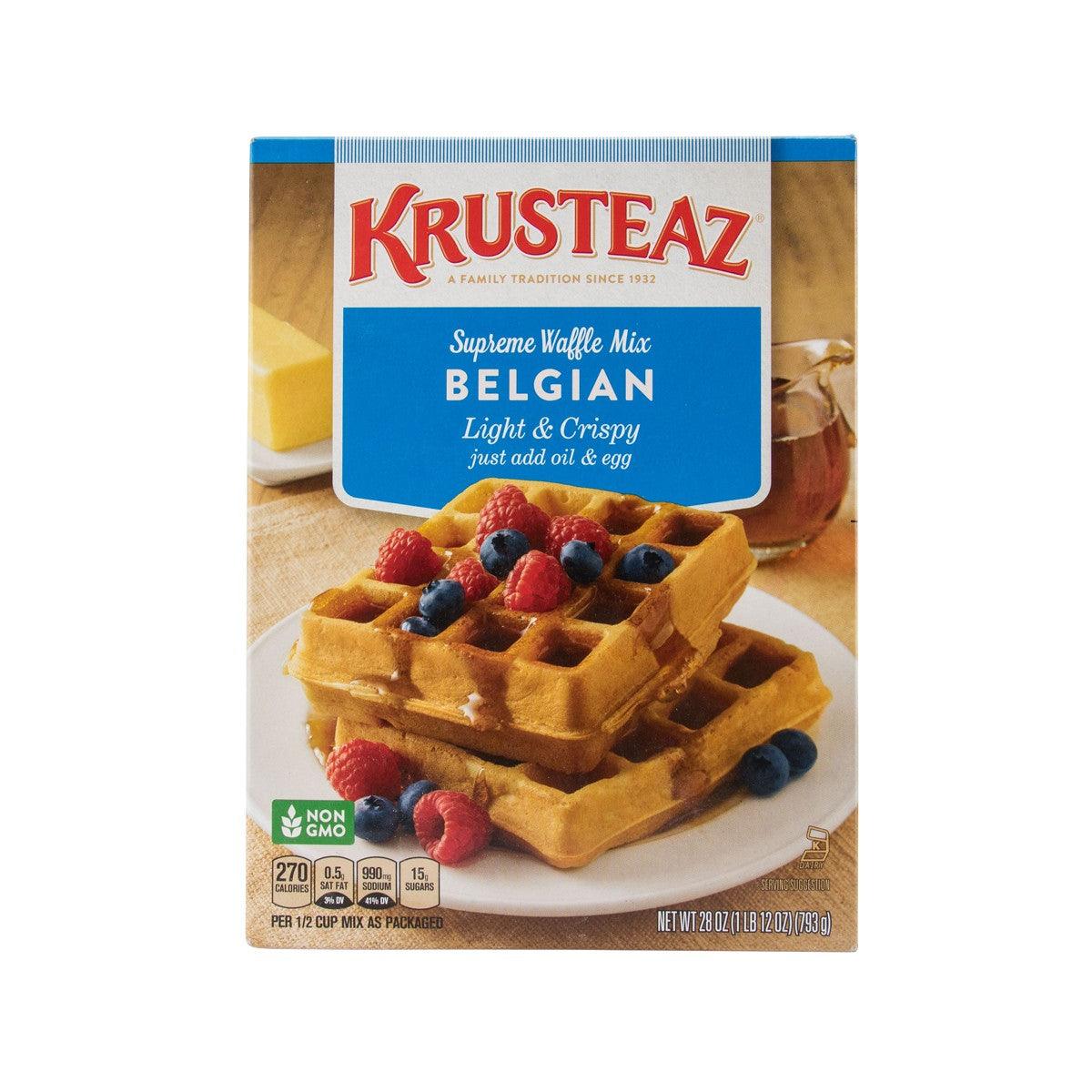 KRUSTEAZ Belgian waffle mix box with waffles and blueberries photo