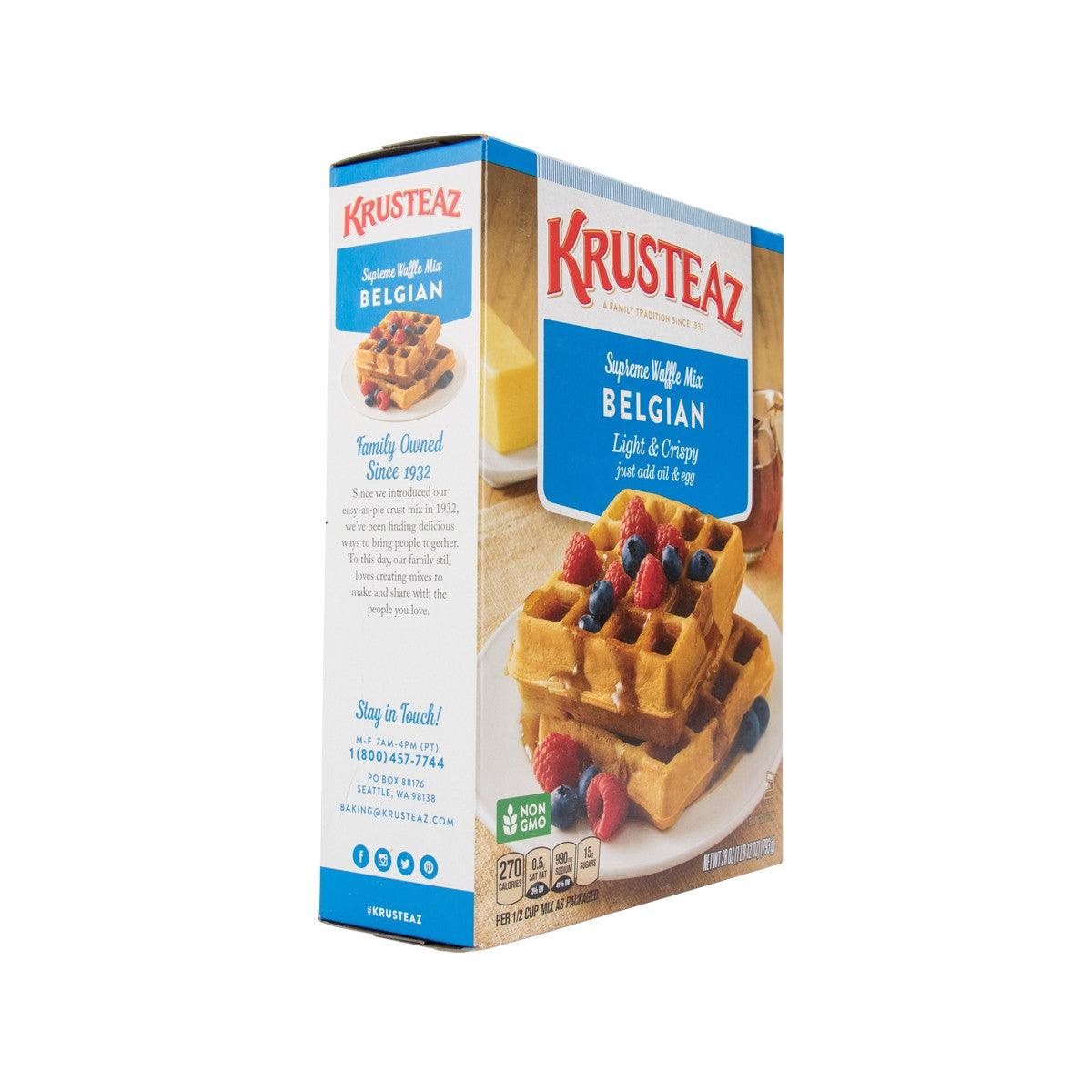 KRUSTEAZ Belgian waffle mix box, side panel view with waffles photo