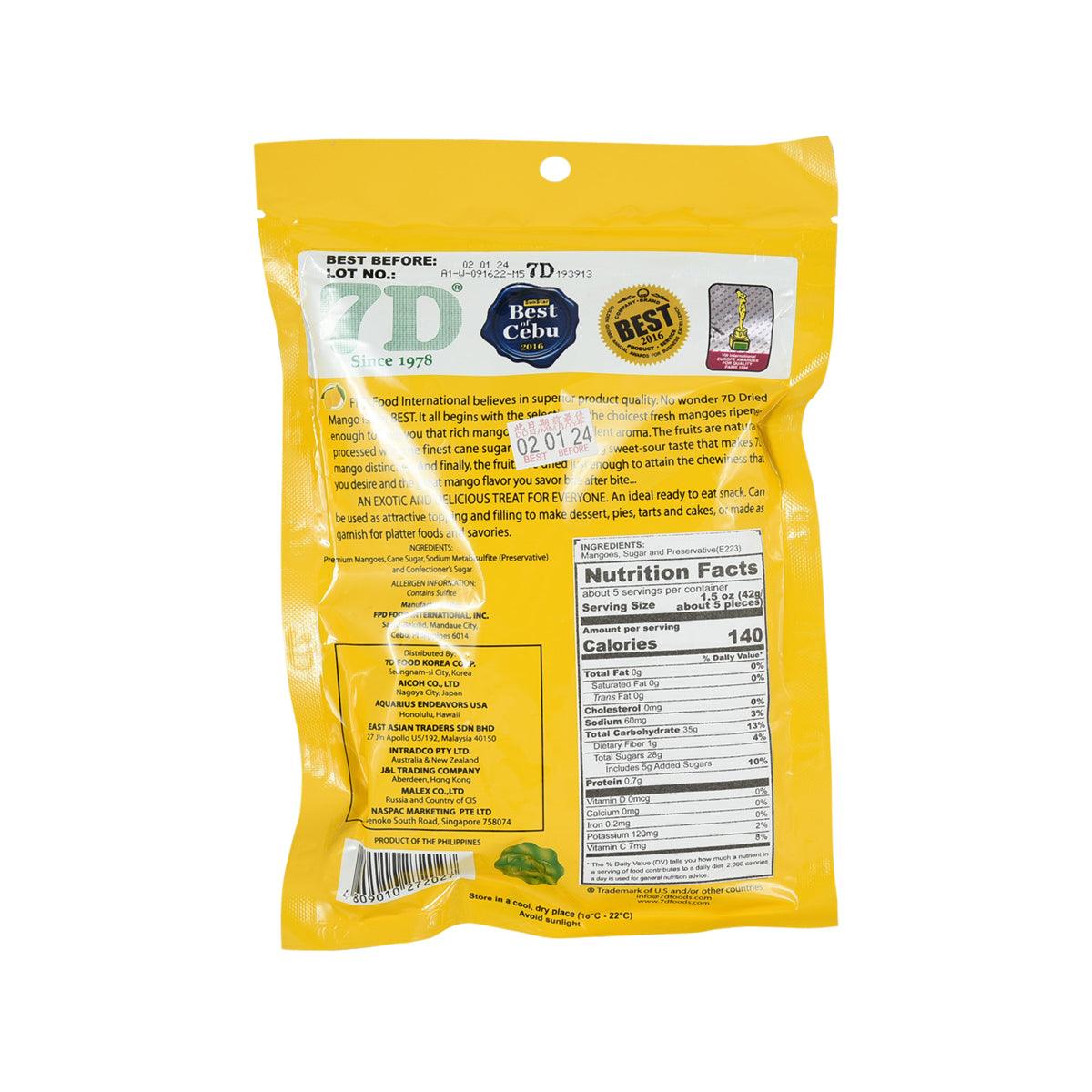 Dried mangoes snack pouch back view with Nutrition Facts and ingredients text