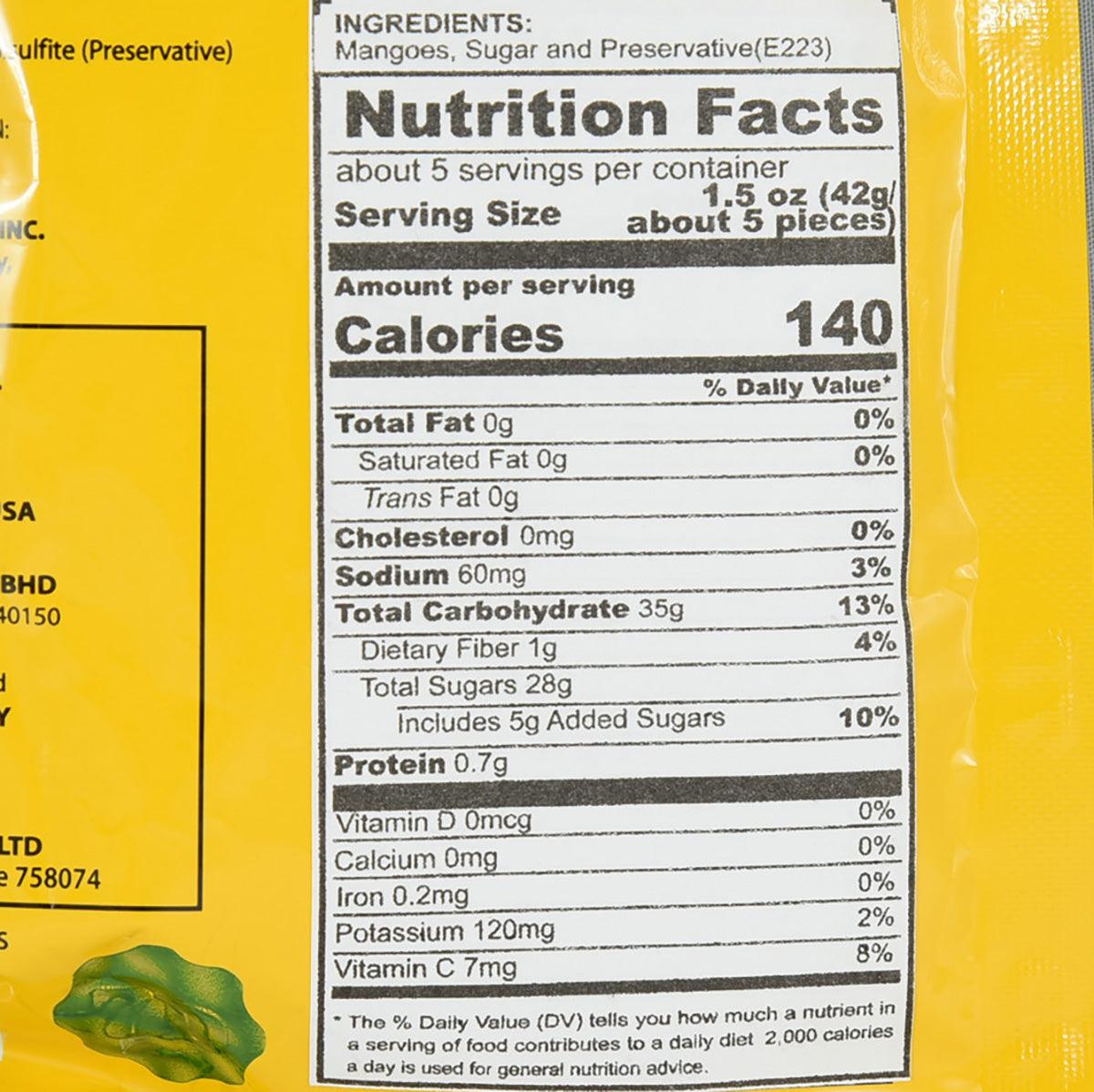 Nutrition Facts label on dried mangoes pouch with serving size and calories
