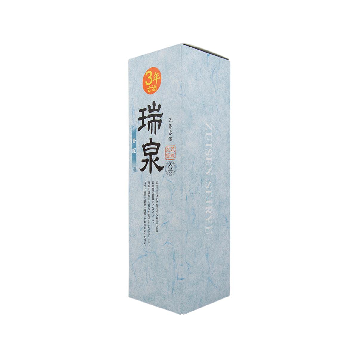 ZUISEN Seiryu aged awamori carton, blue textured box with orange 3-year seal
