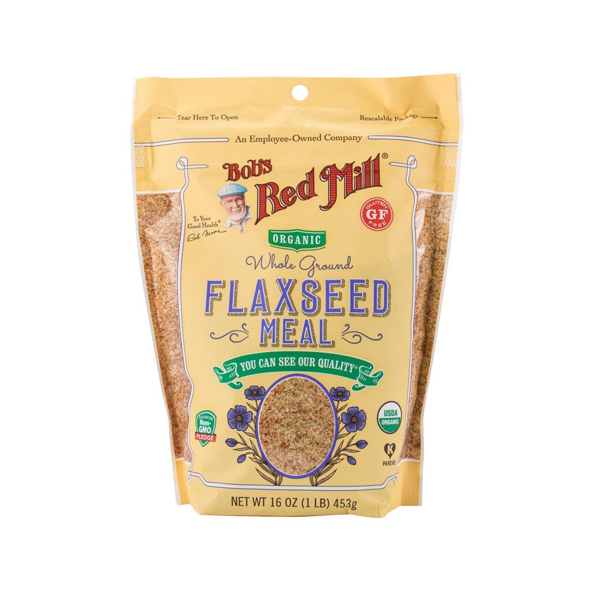 Organic whole ground flaxseed meal pouch, front label with brand and flax graphic
