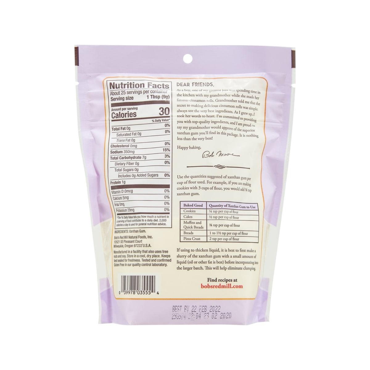 BOB'S RED MILL Xanthan Gum pouch back with Nutrition Facts panel and ingredients text