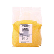 Polenta maize meal bag, yellow cornmeal in clear bag, 500g label