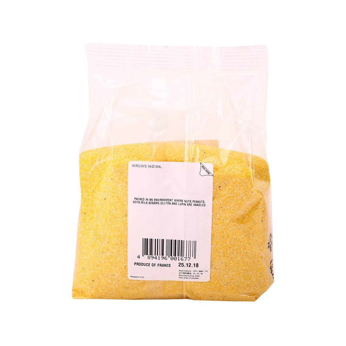 Polenta maize meal bag back, barcode and nutrition panel, yellow cornmeal, 500g