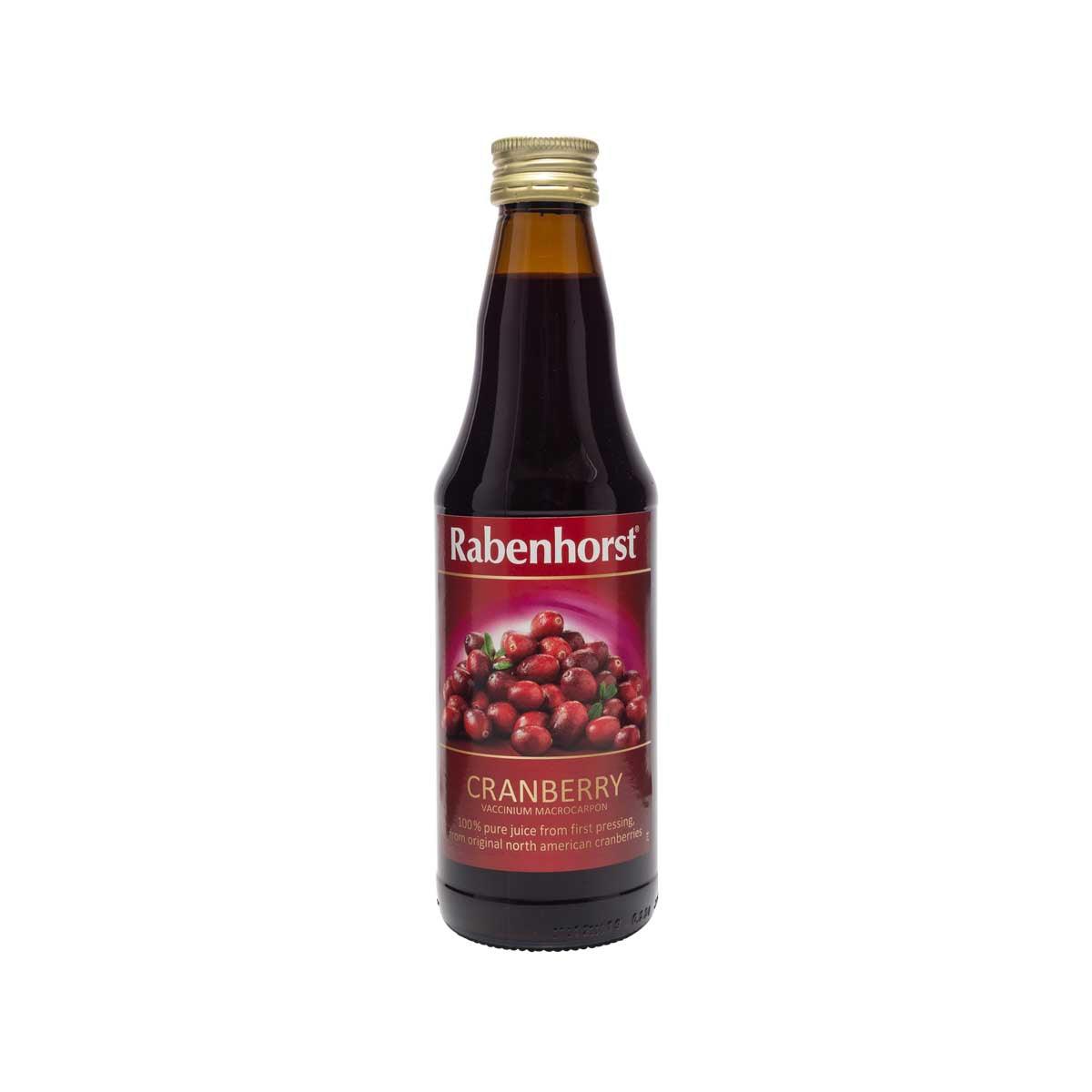 Rabenhorst cranberry juice bottle, front label, 330 mL