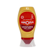 Mustard condiment bottle, yellow with red AMORA label and yellow flip-top cap