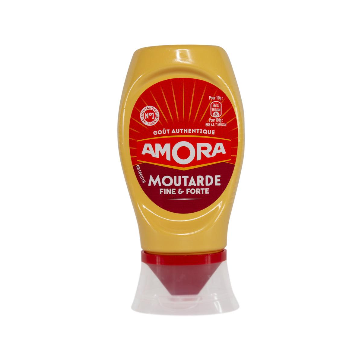 Mustard condiment bottle, yellow with red AMORA label and yellow flip-top cap