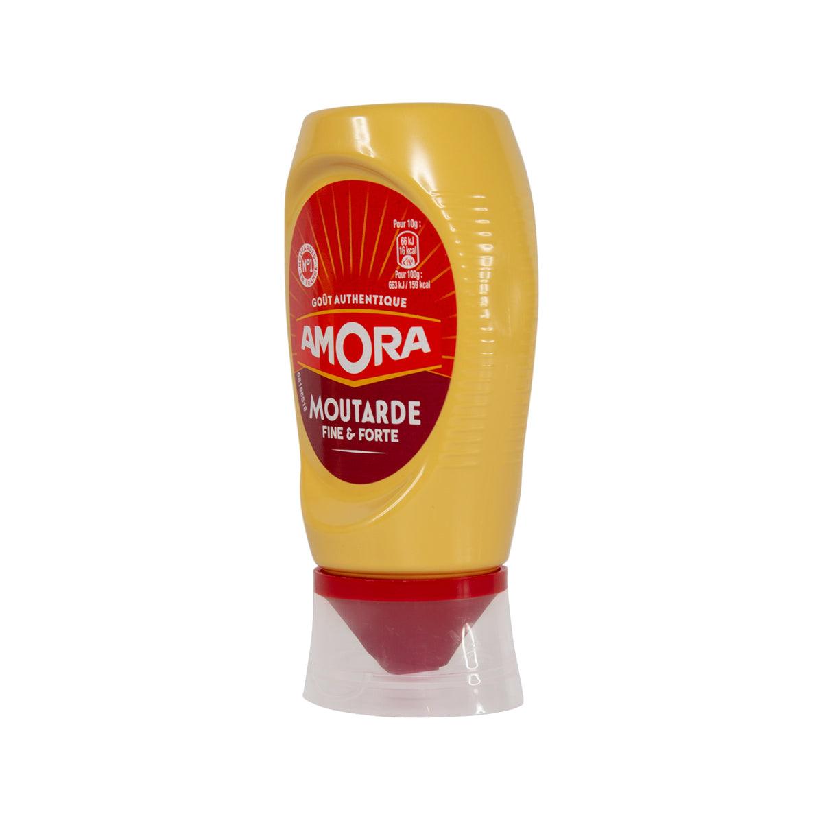 Mustard condiment bottle, yellow with side label and red band near the base