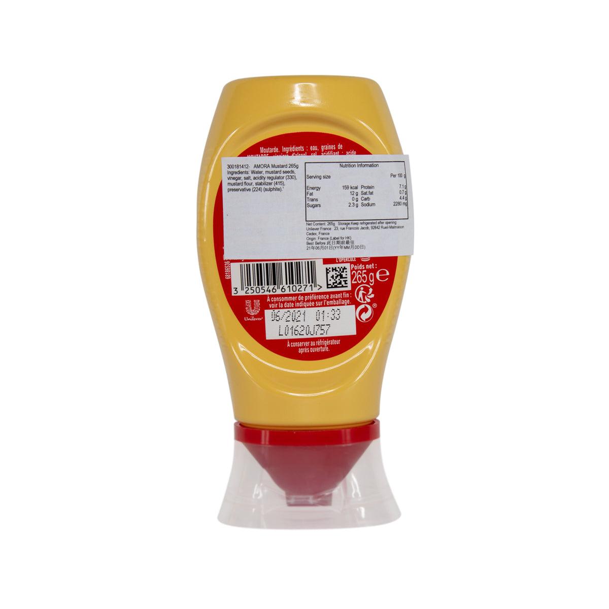 Mustard condiment bottle, yellow with back label and “265 g” net weight marking