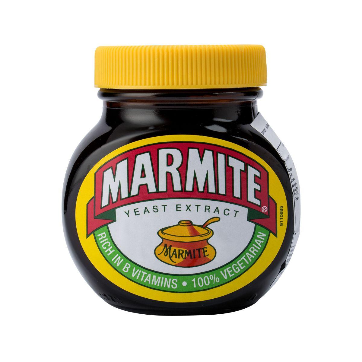 MARMITE yeast extract jar with yellow ribbed lid and front logo label, 250g