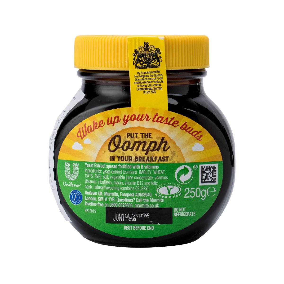 MARMITE yeast extract jar with back label text and nutrition icons, 250g