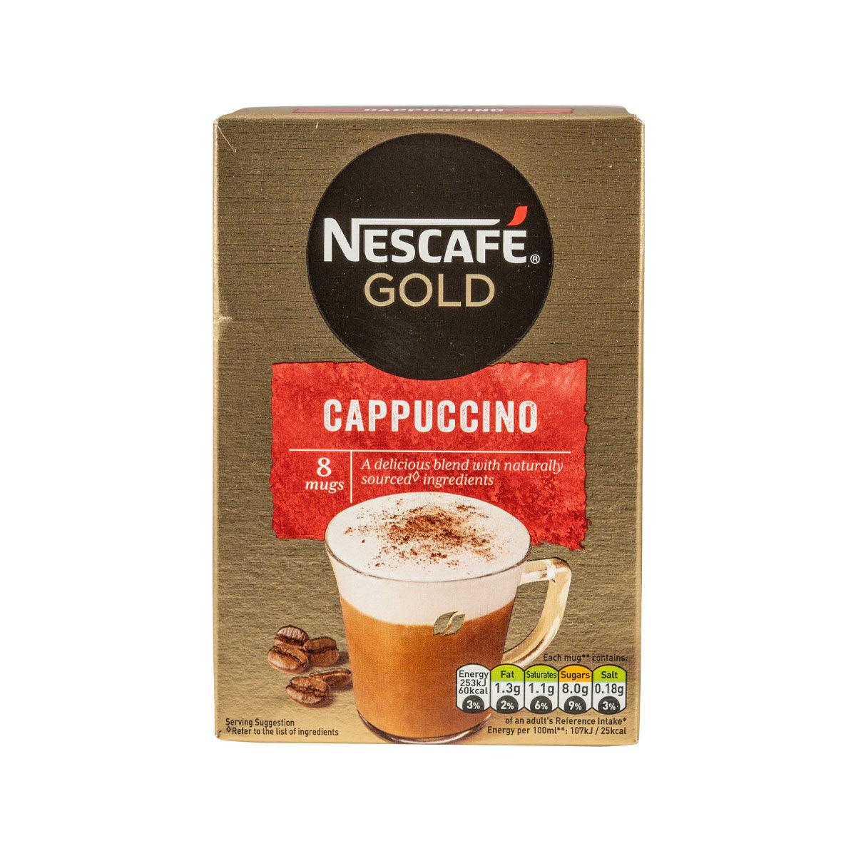 NESCAFE Gold cappuccino instant coffee box front with cup and coffee beans