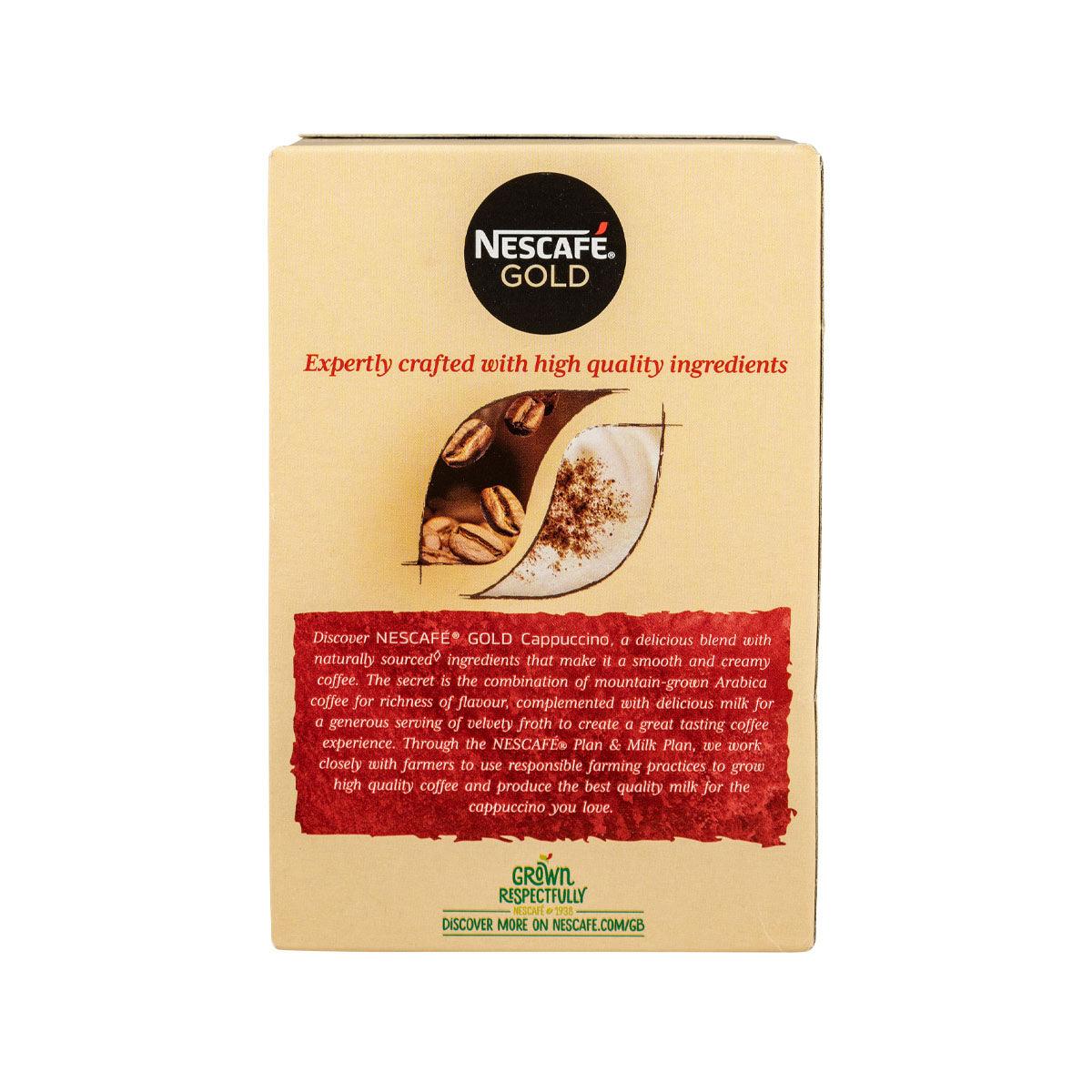 NESCAFE Gold cappuccino instant coffee box back with crafted ingredients text