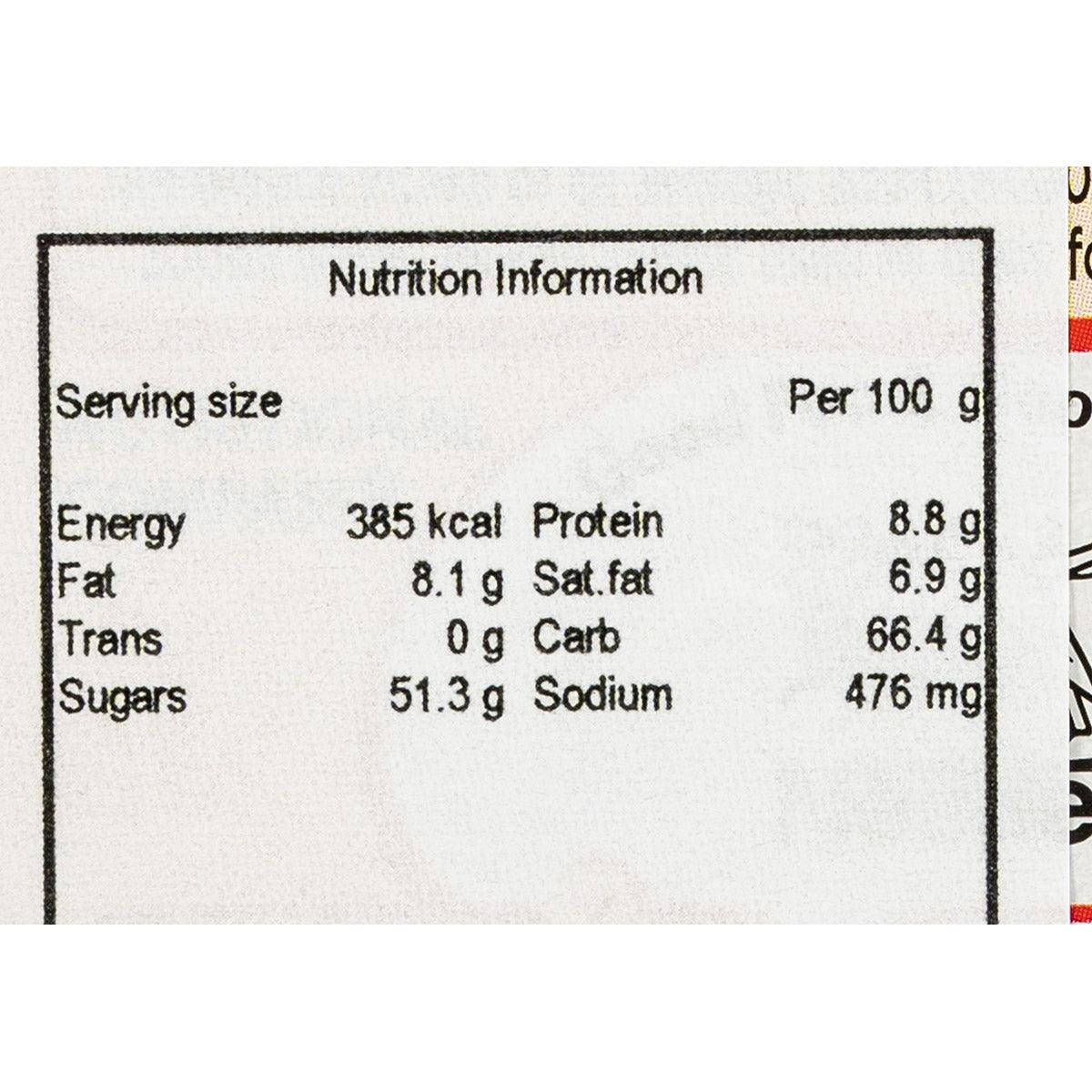 Nutrition information panel for instant cappuccino coffee showing calories and macros