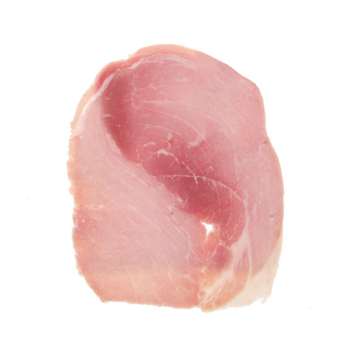 Boneless pale pink ham portion, oval slice, no skin, 150g