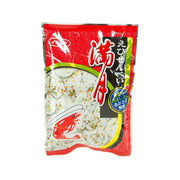 Shrimp cracker snack bag with red front and white crackers illustration