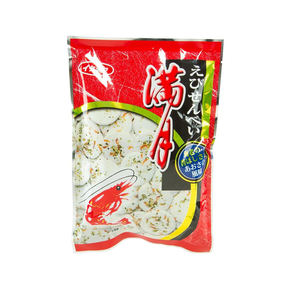 Shrimp cracker snack bag with red front and white crackers illustration