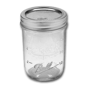 BALL regular mouth mason jar 236mL with silver metal lid; clear glass with markings