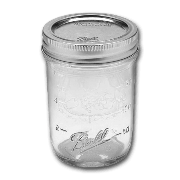 BALL regular mouth mason jar 236mL with silver metal lid; clear glass with markings