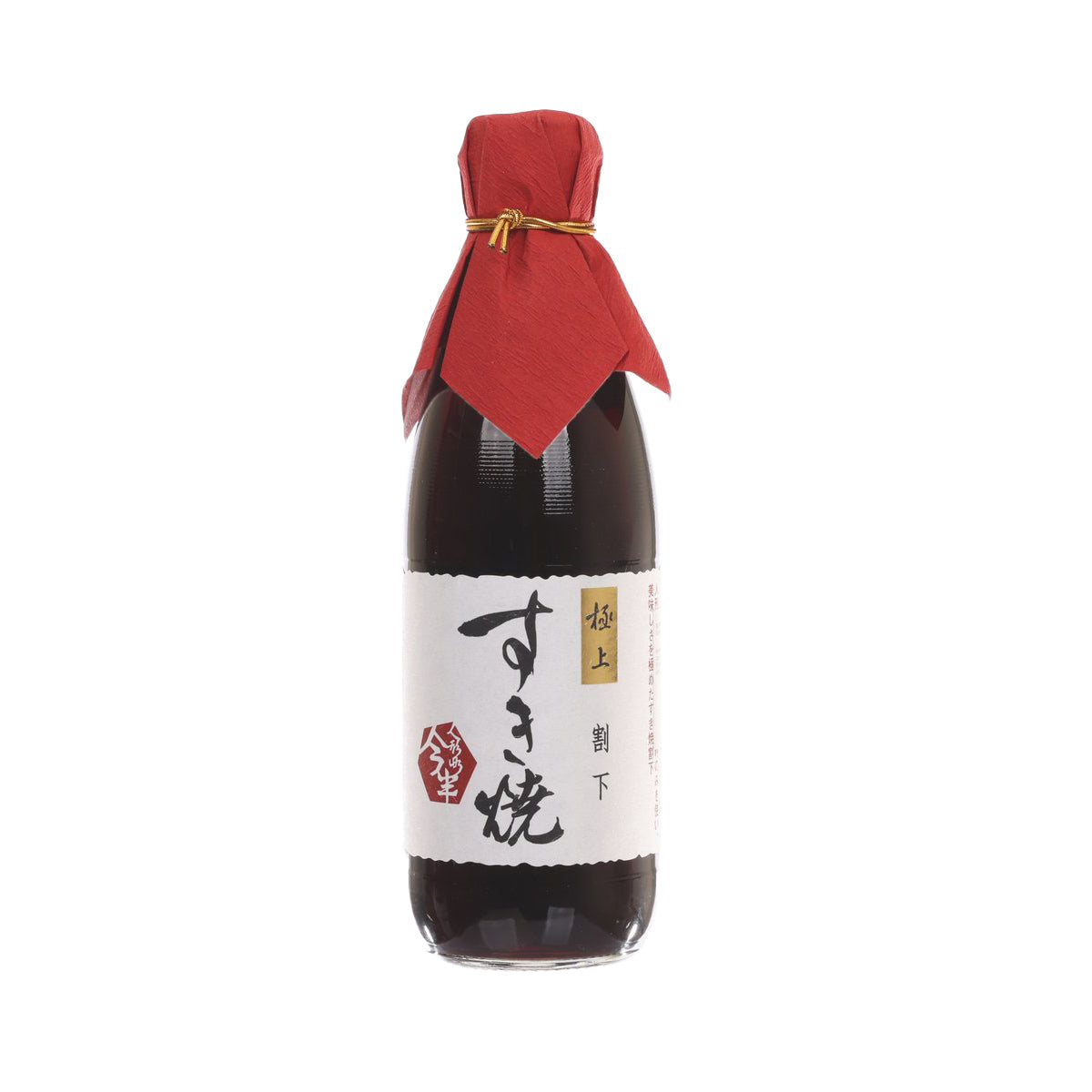 Sukiyaki soup base bottle with red fabric tie and white label
