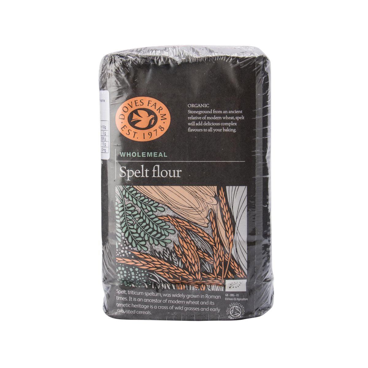 Wholemeal spelt flour 1kg bag, DOVES FARM front label with spelt flour and organic details