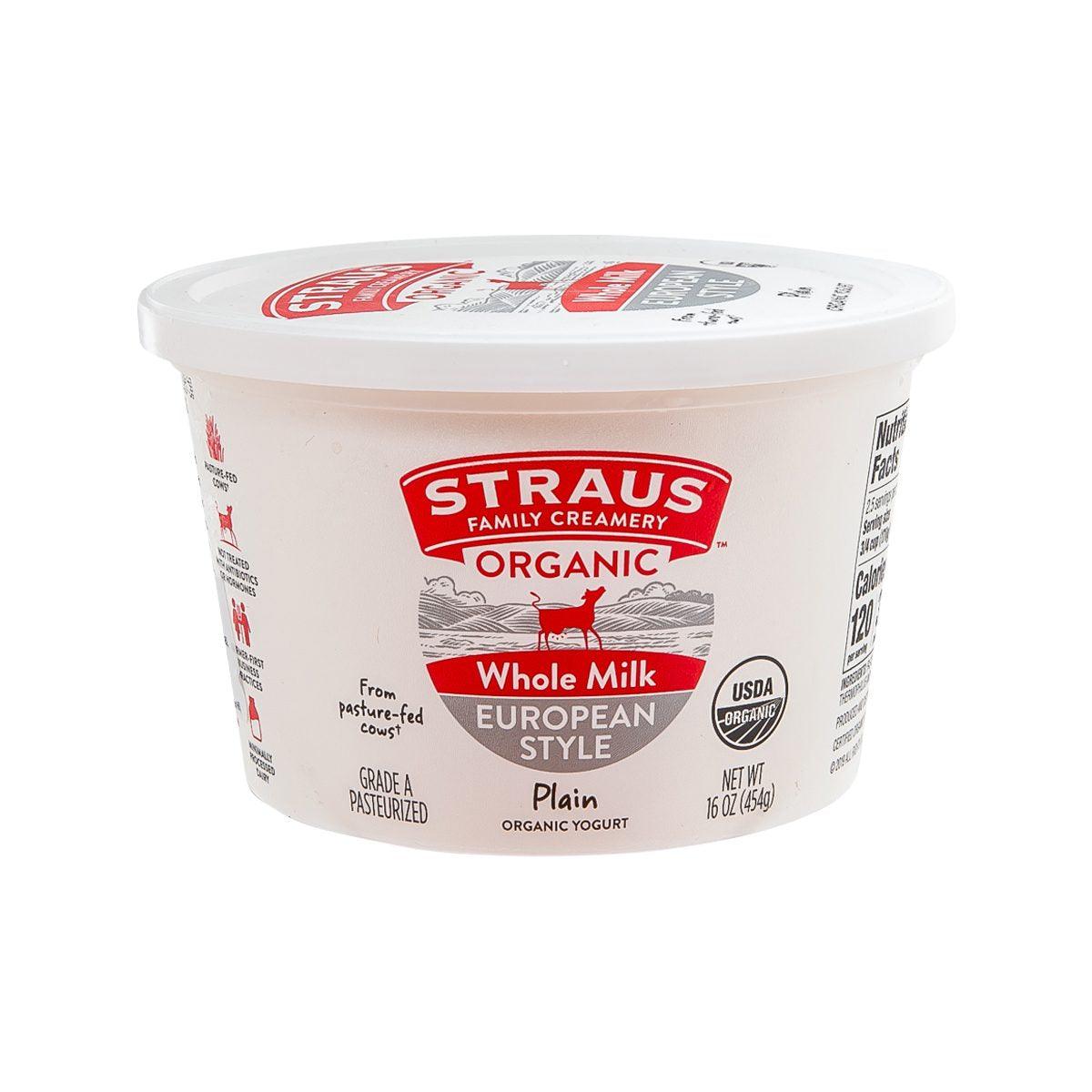 Organic whole milk yogurt tub with STRAUS branding, plain European style