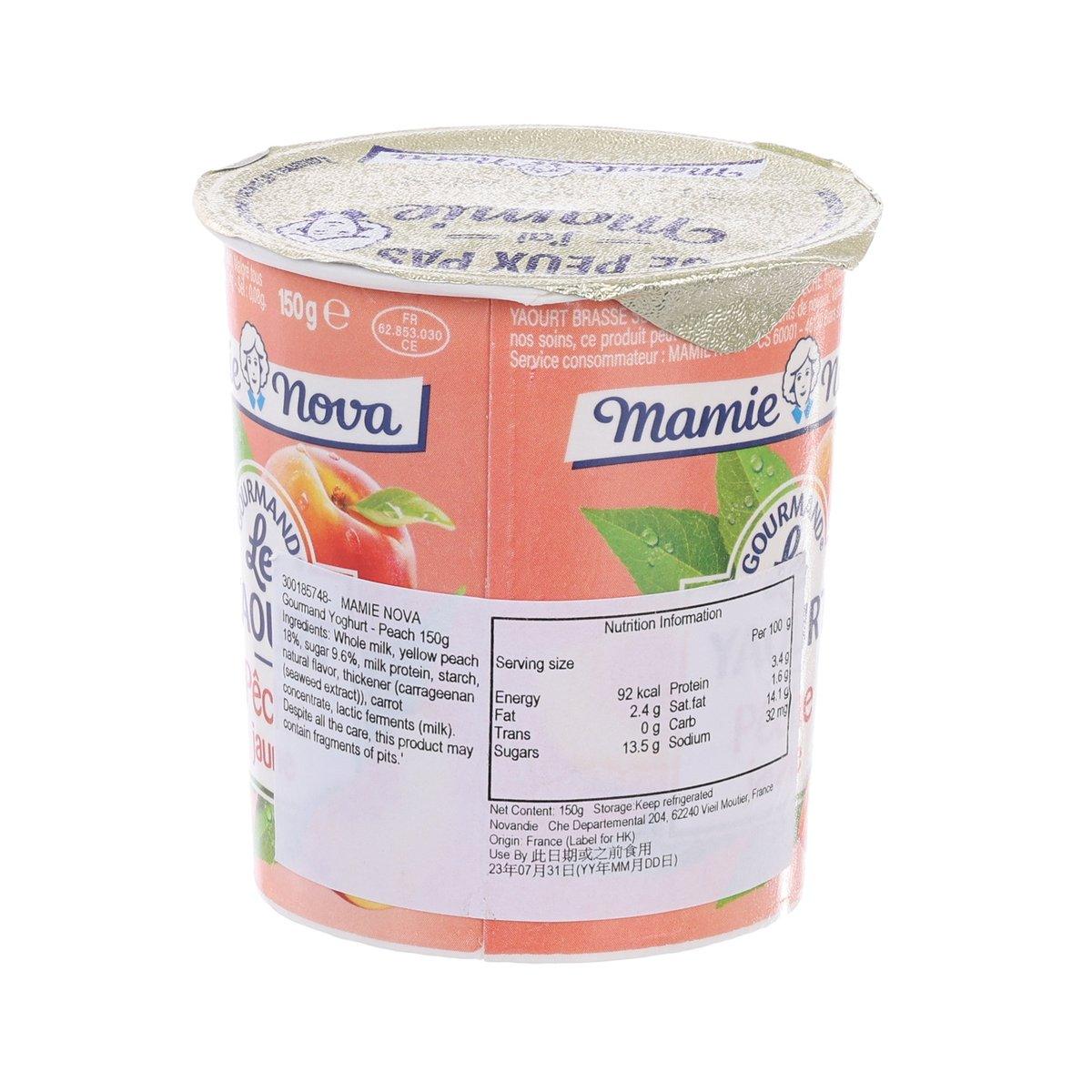 Mamie Nova peach yogurt cup, 150 g, side panel showing nutrition information.