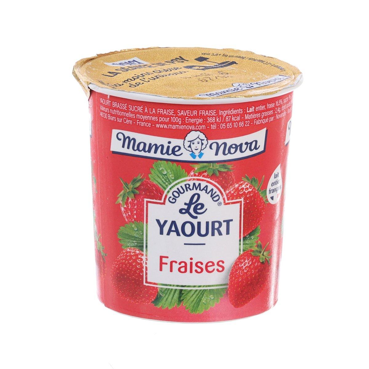Strawberry yogurt cup with gold foil lid, Mamie Nova label, red strawberry graphics.